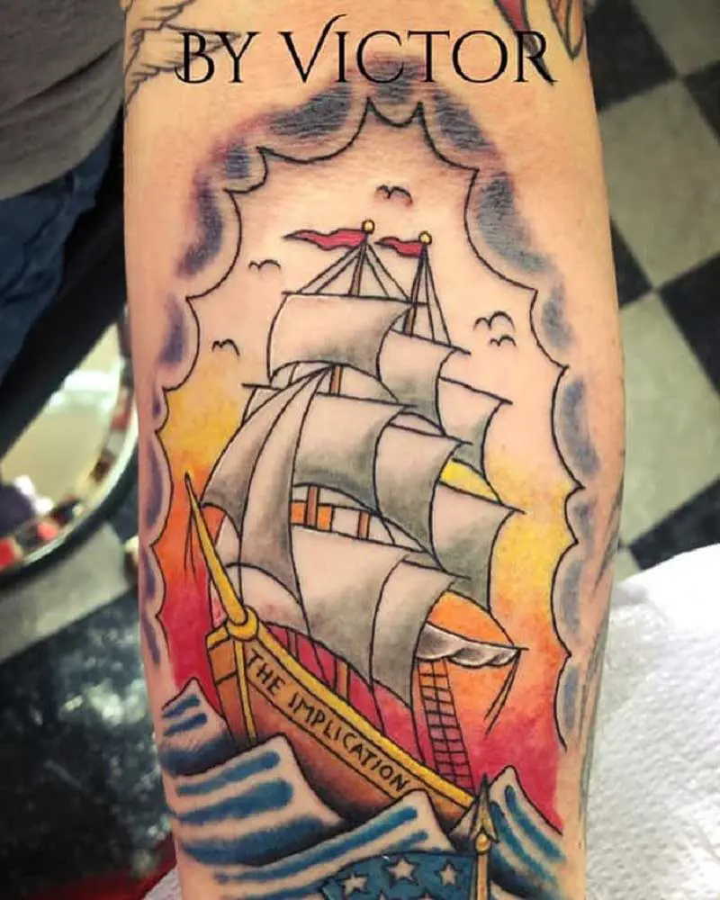 3D Traditional Pirate Ship Tattoo On Man Stomach