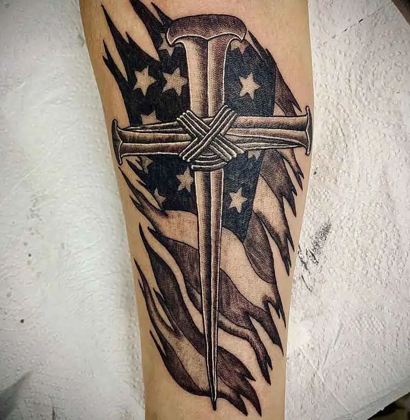 Realistic Nails And Cross Tattoo On Half Sleeve