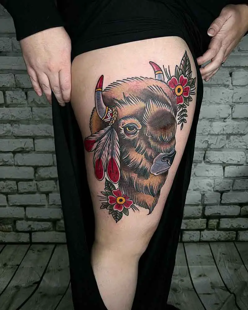 Bison Thigh Tattoo 2