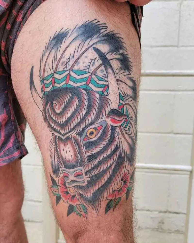 Bison Wearing Headdress Tattoo 3