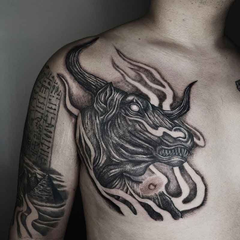 Chronic Ink Tattoo Shops  Double bull chest piece by Csaba Small coverup  also  Facebook