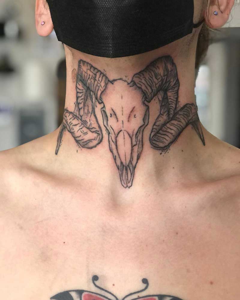 RI Tattoos  The Black Pearl  Gotta love a ram skull on the throat    Stipples by ravectattoos raveingink     stippletattoo tattoo  throat tattoos ink sore big 