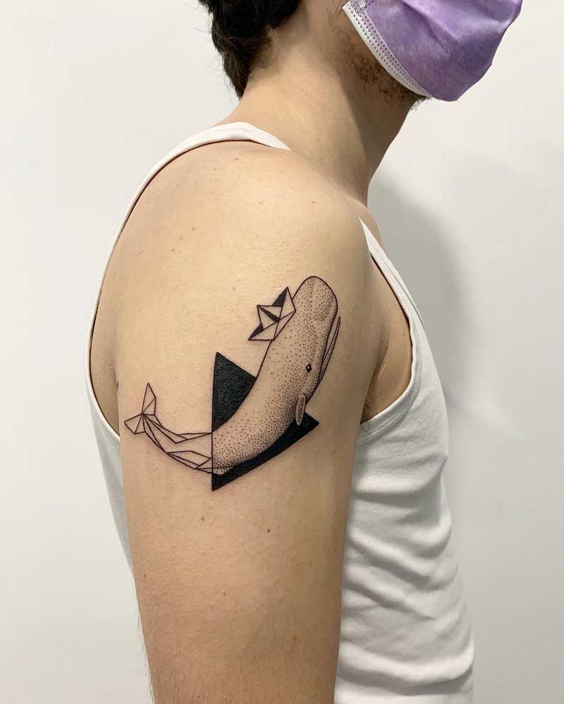 Black Ink Whale Tattoo On Man Chest By Philip Yarnell