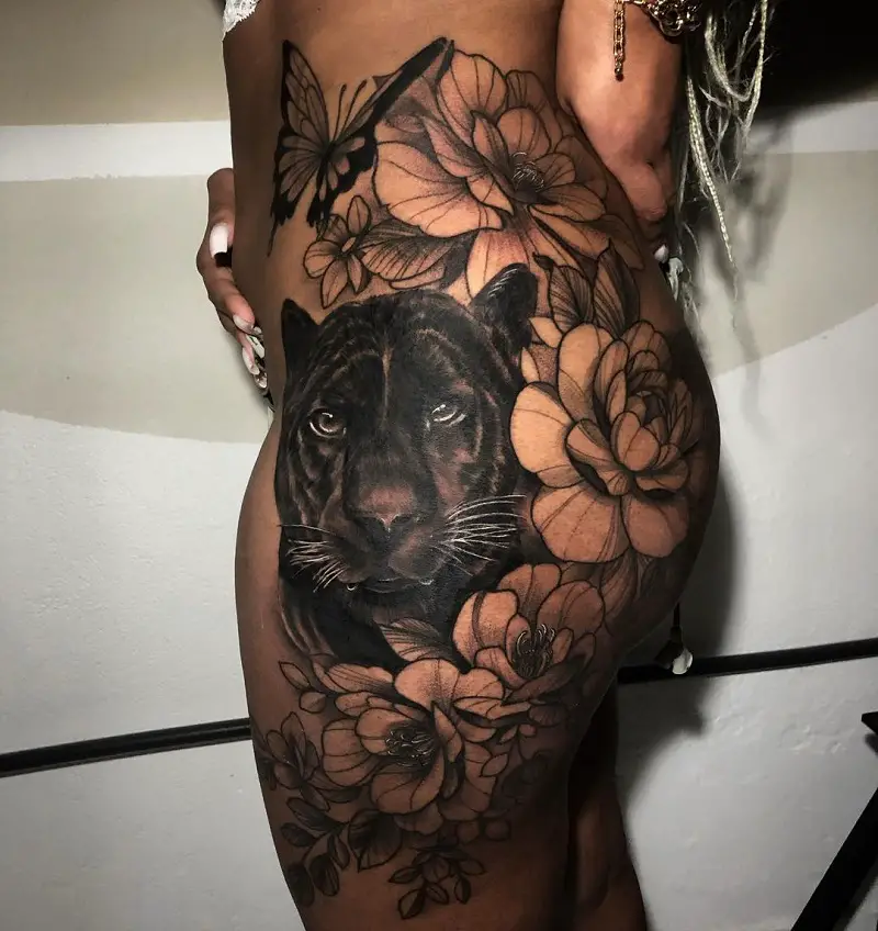 Panther With Butterfly Tattoo On Left Leg