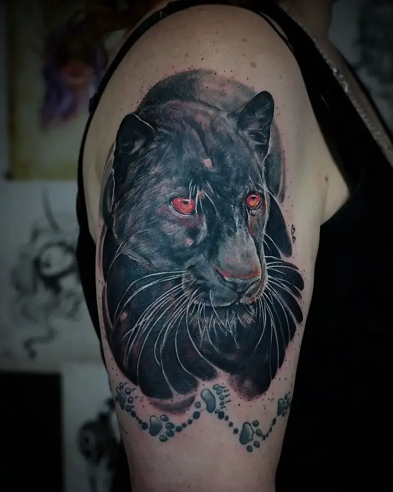 Black Panther tattoo on my thigh I got this around 18 months ago and was  really happy with how it turned out Tattoo was done by Conor owner of  Gentoo Tattoo 