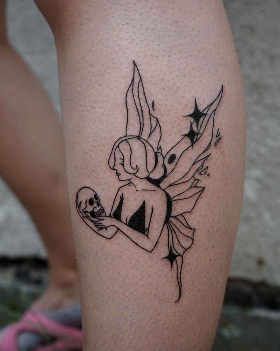Her first tattoo! #skeleton #fae #fairy #fairytattoo #skulltattoo  #blackandgreytattoo #hctc #holycity #charleston | Instagram