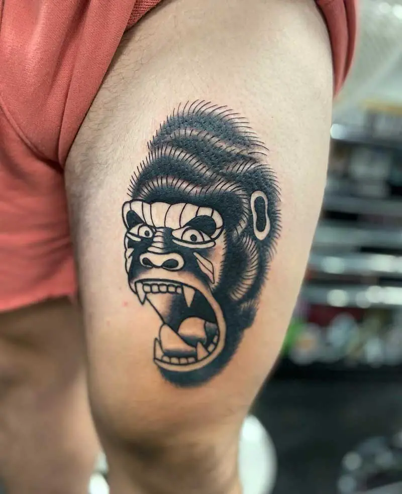 Traditional Roaring Gorilla Head Tattoo On Bicep